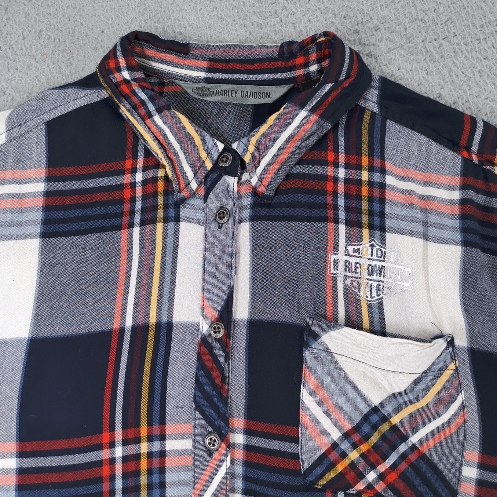 Harley Davidson Flannel Shirt Women Large Button Blue Colorful Front Back Logos - Picture 5 of 16